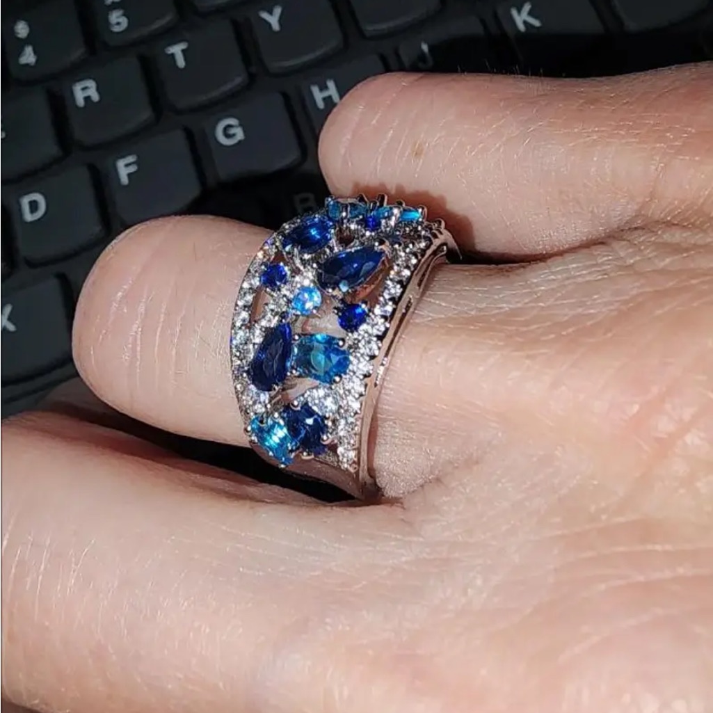 Sapphire Moissanite And Silver Women's Wedding Ring Size 7